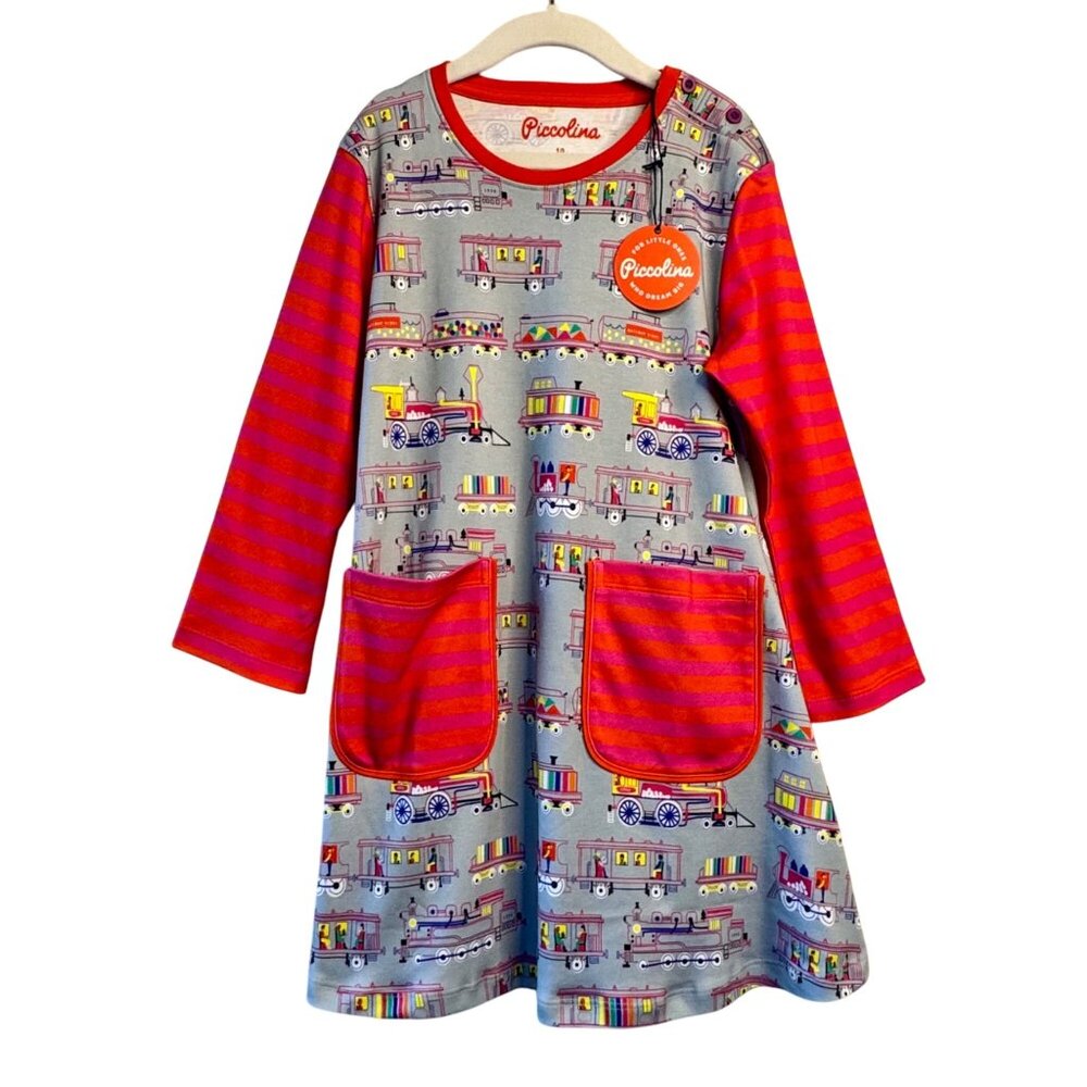 PICCOLINA Trains Tunic Dress Girls 10 NWT Camilla Locomotive Print Pockets NEW